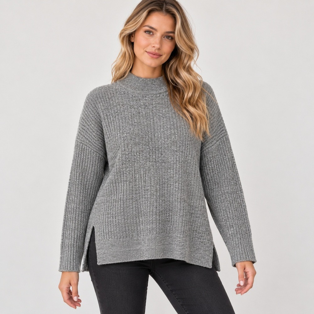 H&M Sweater Womens Small Grey Mock Neck Ribbed Oversized Side Slit Pullover